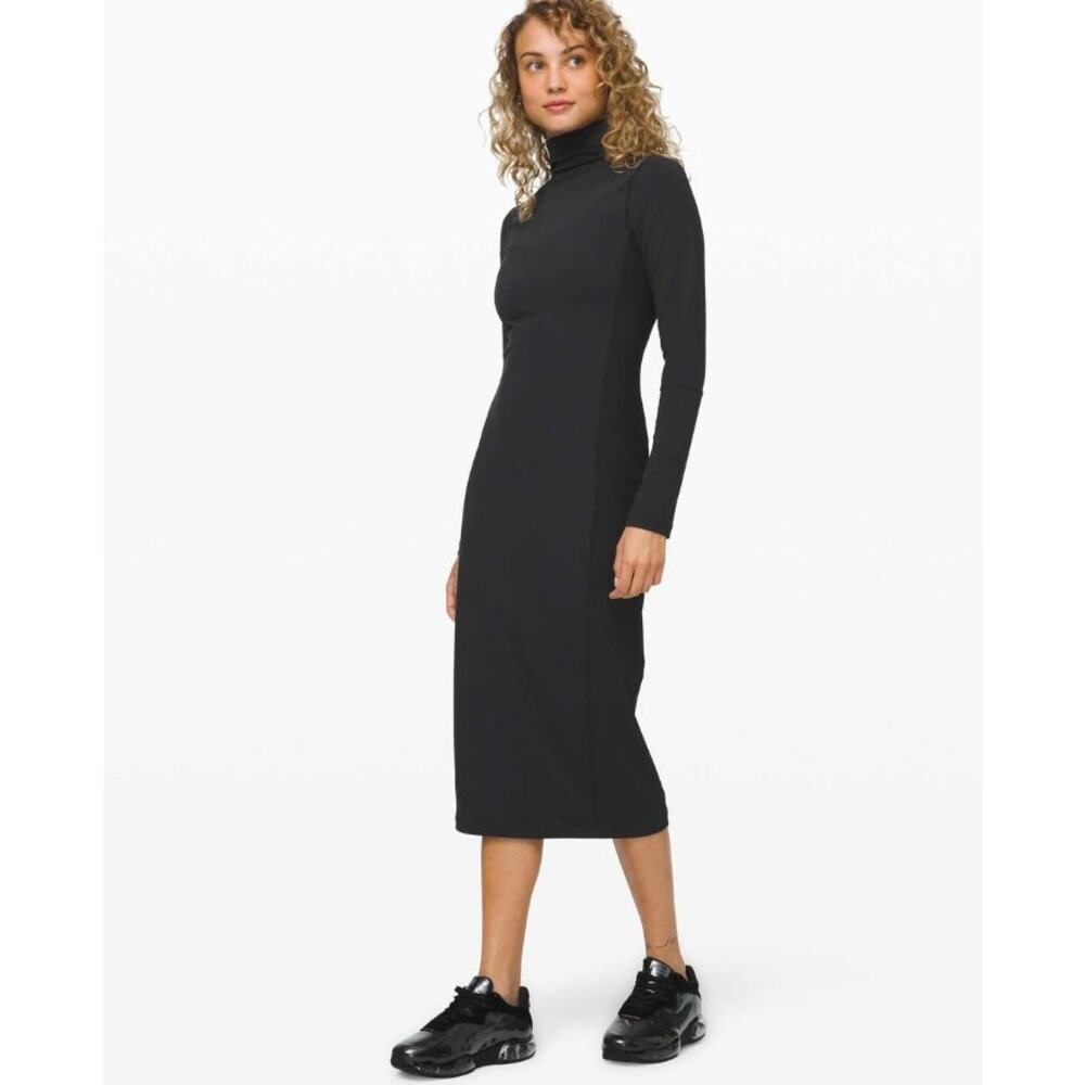 Lululemon Its Rulu Mock Neck Dress Black Knit Long Sleeve Midi Bodycon Sz 0 $118